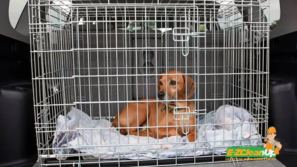 metal pet crate with dog inside