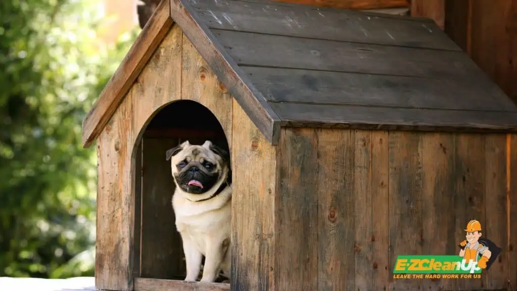 wooden dog house with a bulldog