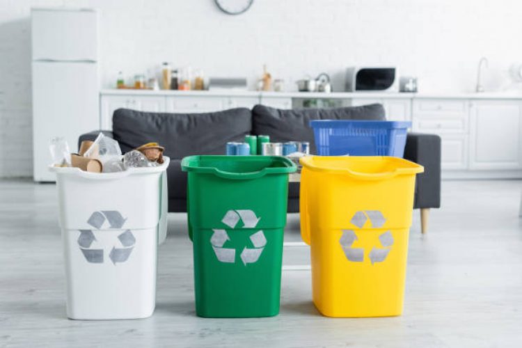 Recycling bins overflow with materials while promoting a zero waste and eco-friendly lifestyle.
