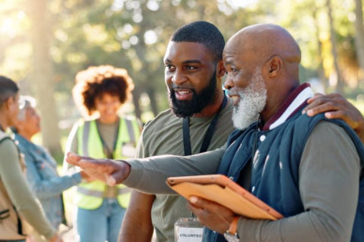 Cleanup, people and volunteers planning with tablet for support, community project or nature sustainability. Humanitarian, recycling or senior leader in charity service or NGO for park pollution