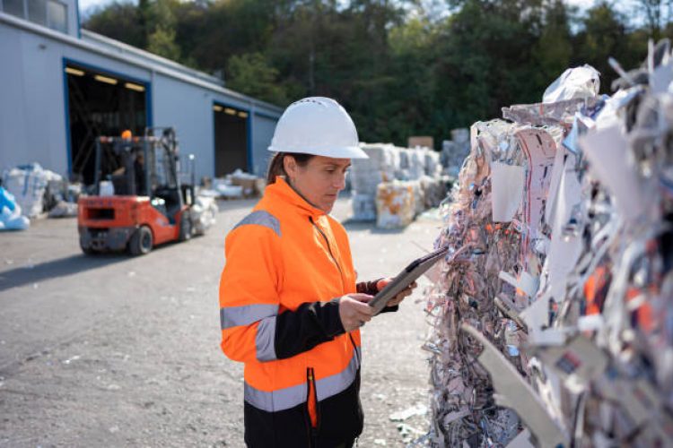 Female worker in high-visibility gear & hardhat uses tablet to inspect massive bales of compacted recycling material outdoors at a waste management facility.
