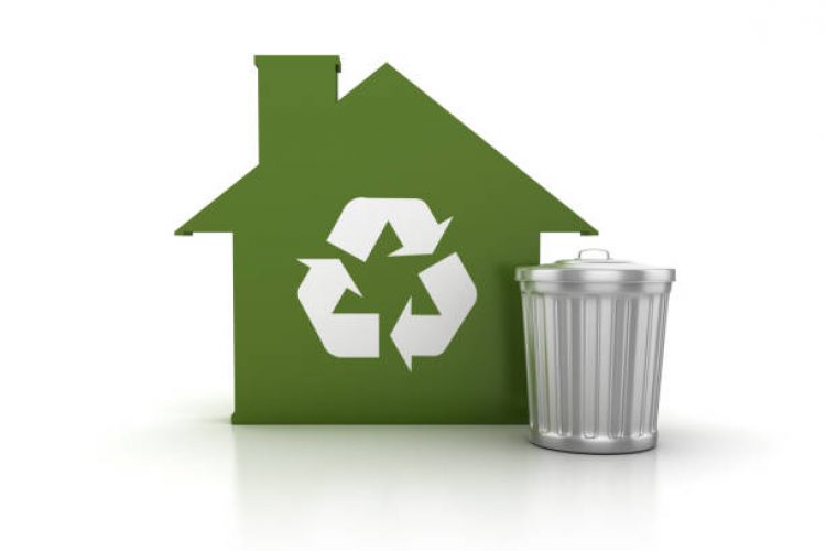 Garbage Can with Recycling House - White Background - 3D Rendering