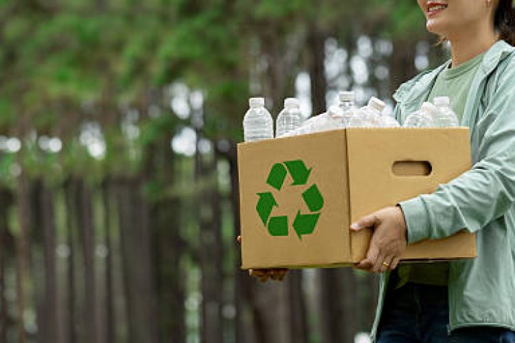 Recycling concept. Women holding a cardboard box with a water bottle with a recycling symbol. Management for a sustainable environment. Save the Earth Environment World. Net Zero. Reuse reduce recycle