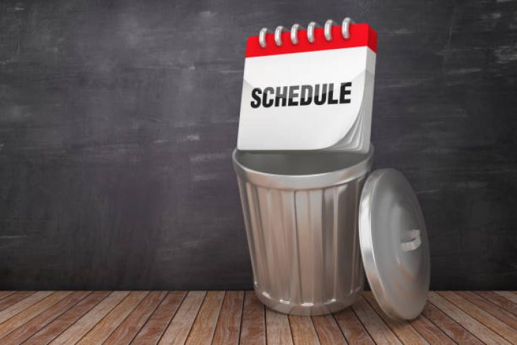 Trash Can with SCHEDULE Calendar on Chalkboard Background - 3D Rendering